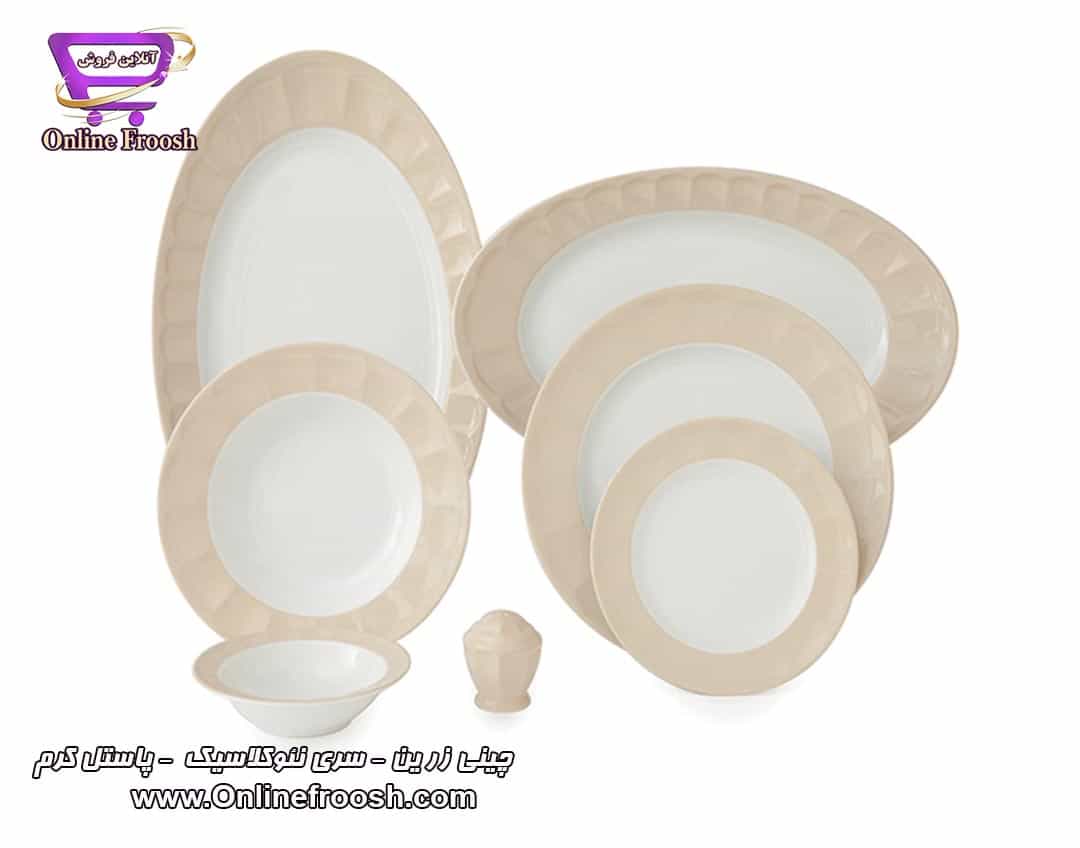 چینی زرین سری نئوکلاسیک طرح پاستل کرم 103 پارچه 12 نفره